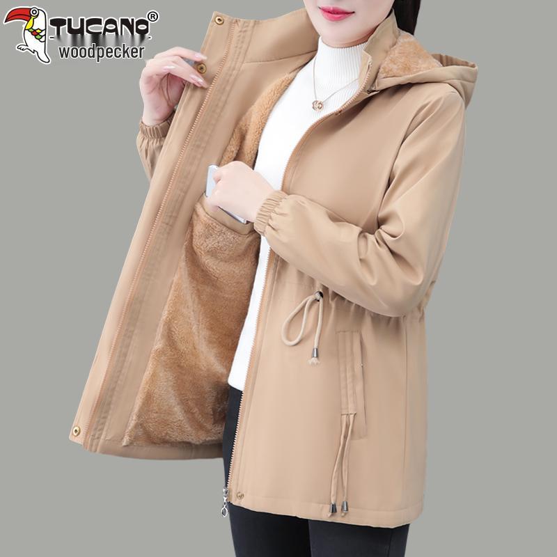 

Women s Woodpecker Fleece-Lined Hooded Windbreaker - 2025 Fall/Winter Casual Mid-Length Jacket for Middle-Aged Moms 5XL recommended for 85-95 kg хакі