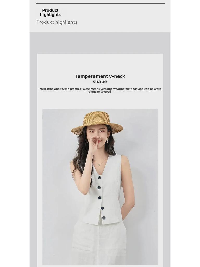 2425408-Elegancki lniany zestaw kamizelki i spódnicy - Damski wczesnojesienny