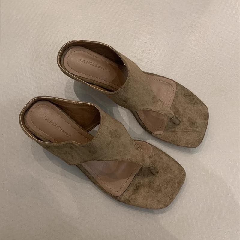 Fashion SUOJIALUN 2025 Summer New Women Flat Shoes Fashion Square Toe Slip On Flip Flop Shoes Thin High Heel Outdoor Dress Sandal Slides