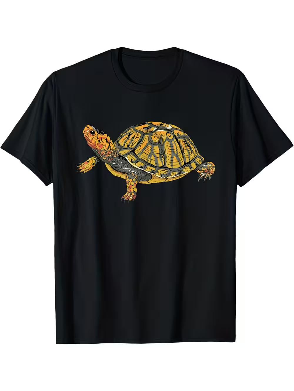 Realistic Box Turtle Shell Print T-Shirt - Black Loose Fit Casual Summer Tee with Round Neck & Turtle Graphic L