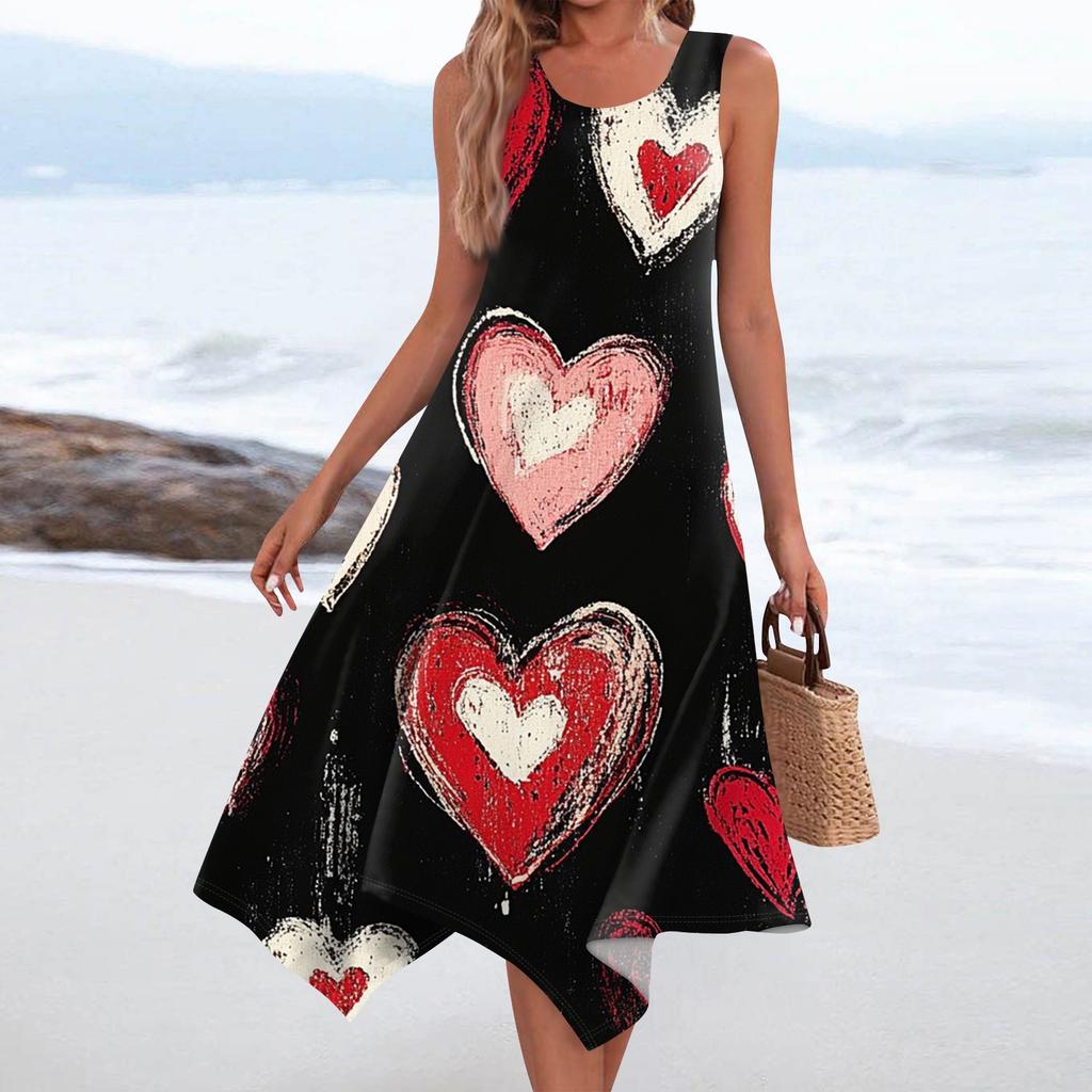 Lässiges, modisches Damen-Midikleid mit Rundhalsausschnitt, ärmellosem Aufdruck und unregelmäßigem Saum