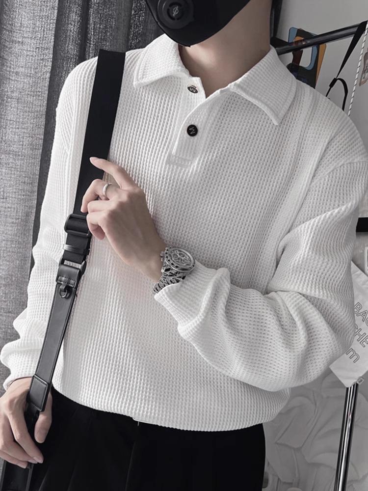 Men's White Oversized Waffle Polo - Autumn/Winter Heavyweight Turn-Down Collar Outerwear