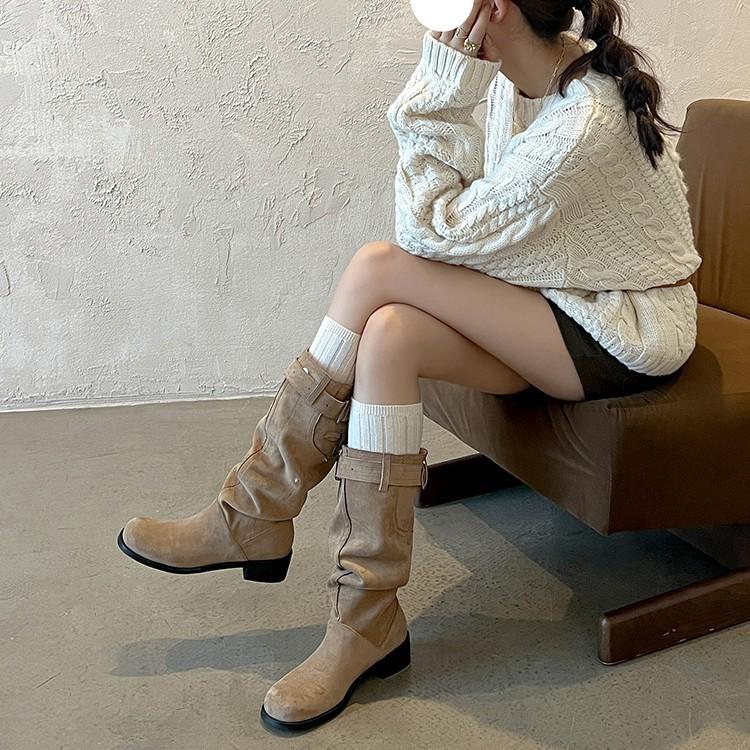 But Knee Boots Women's Autumn 2025 New Thick Heel Round Head Thin Tall Knight Boots Pleated Pile Boots