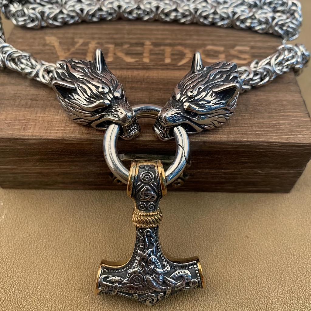 Viking Wolf and Valkhnut Men's Necklace - 201 Stainless Steel and Titanium Alloy, Norse Mythology Jewelry, Wolf Head Design