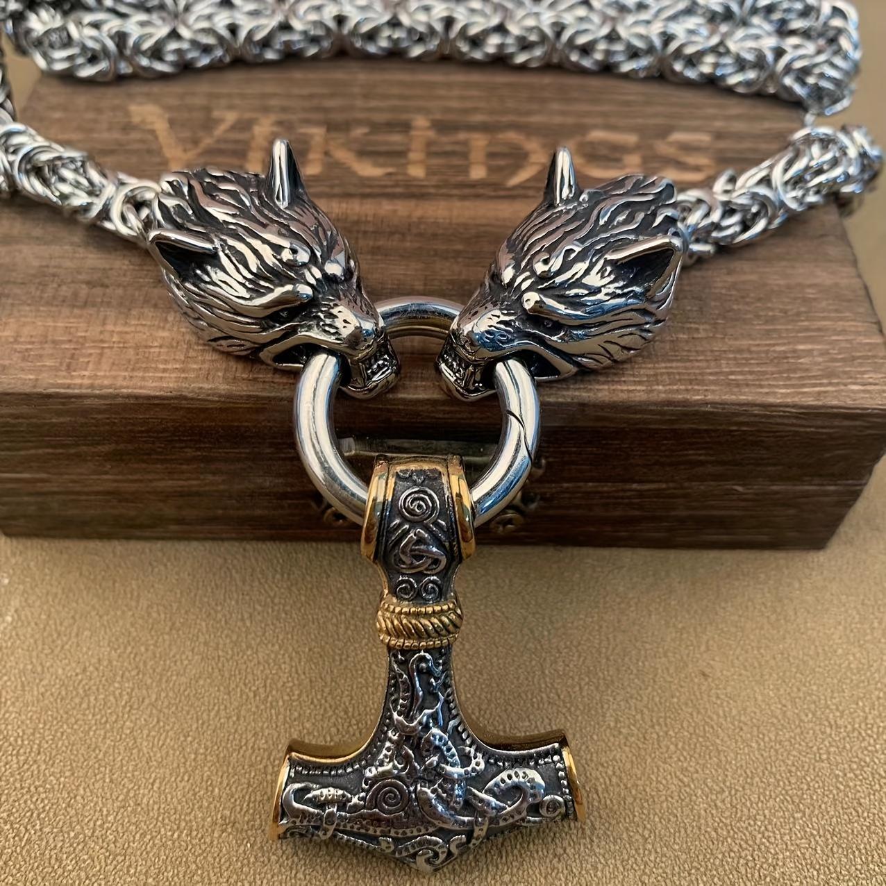 Viking Wolf and Valkhnut Men s Necklace - 201 Stainless Steel and Titanium Alloy, Norse Mythology Jewelry, Wolf Head Design