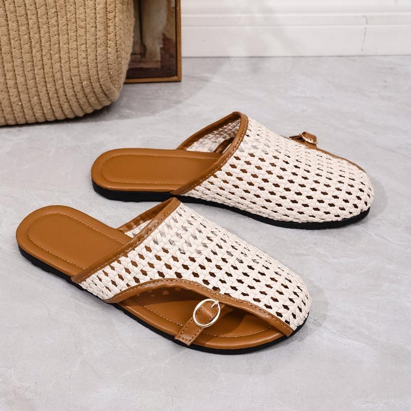 Fashion Flat Slippers Summer New Round Head Deep Mouth Metal Buckle Net Surface Soft Sole Anti-slip Wear-resistant Sandals
