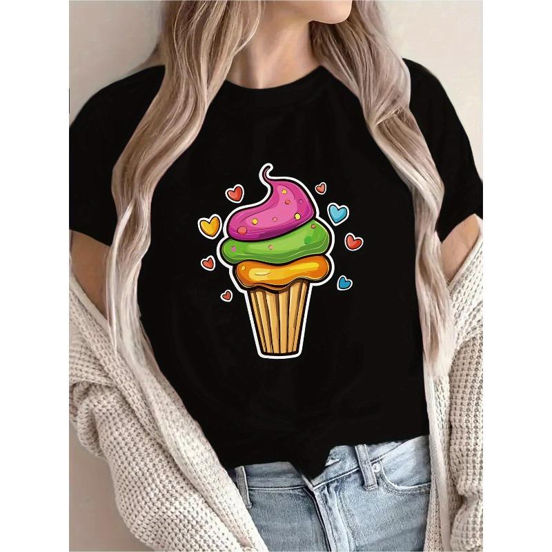 

[New Recommendation] Ice Cream Pattern Printed T-shirt, Women s Casual, Vacation, Short-sleeved Round Neck, Spring and Summer, Machine Washable, S чёрный