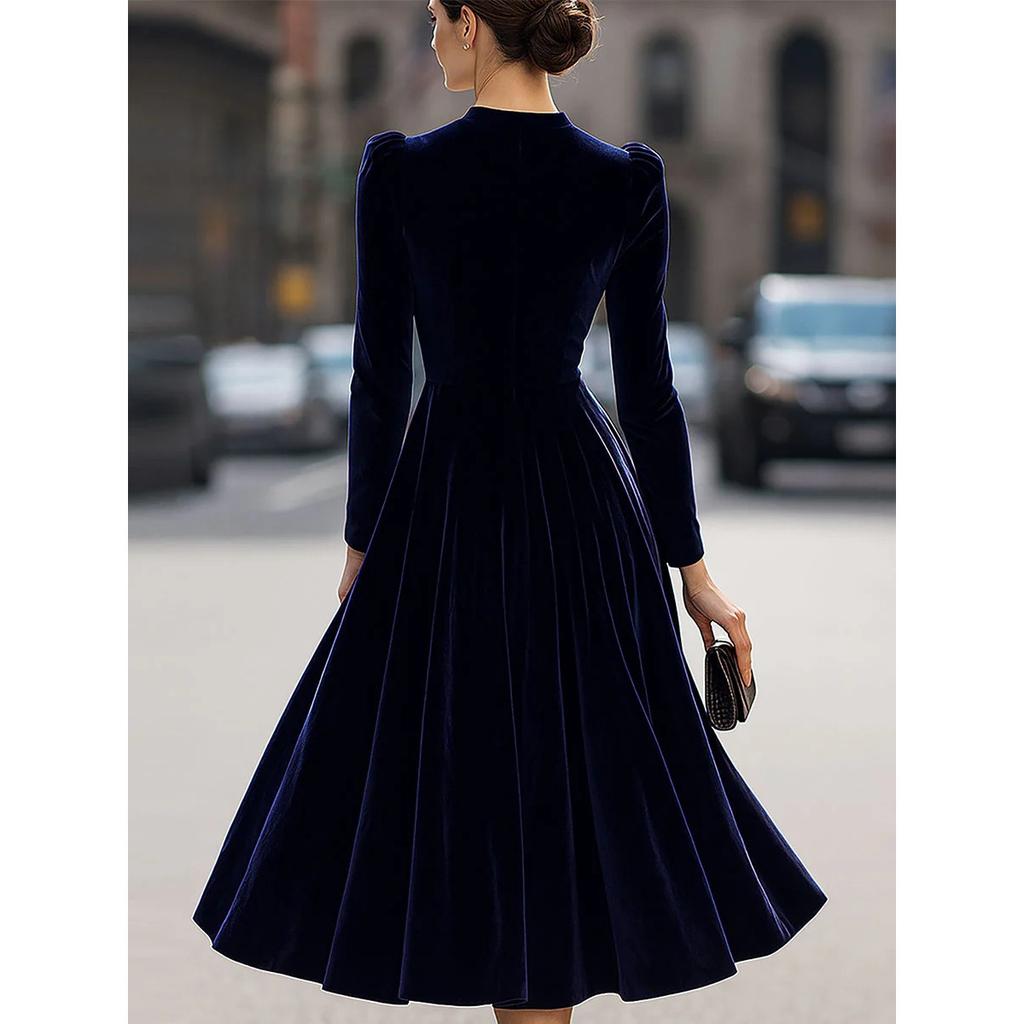 Spring Summer New Women's Elegant Round Neck Long Sleeve Korean Velvet Dress, Leisure Fashion For Women
