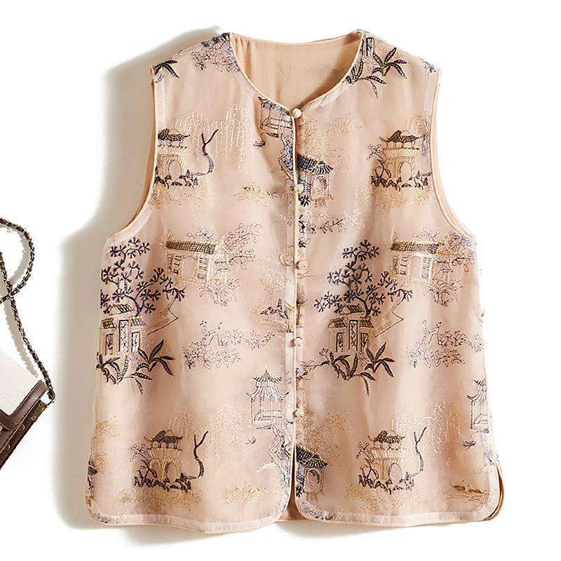 

Ландшафтный Двор Трехмерная Вышивка! Женский летний жилет в китайском стиле с круглым вырезом на пуговицах, I-образный, из органзы, верхняя одежда для защиты от солнца Color Stereo Embroidered L