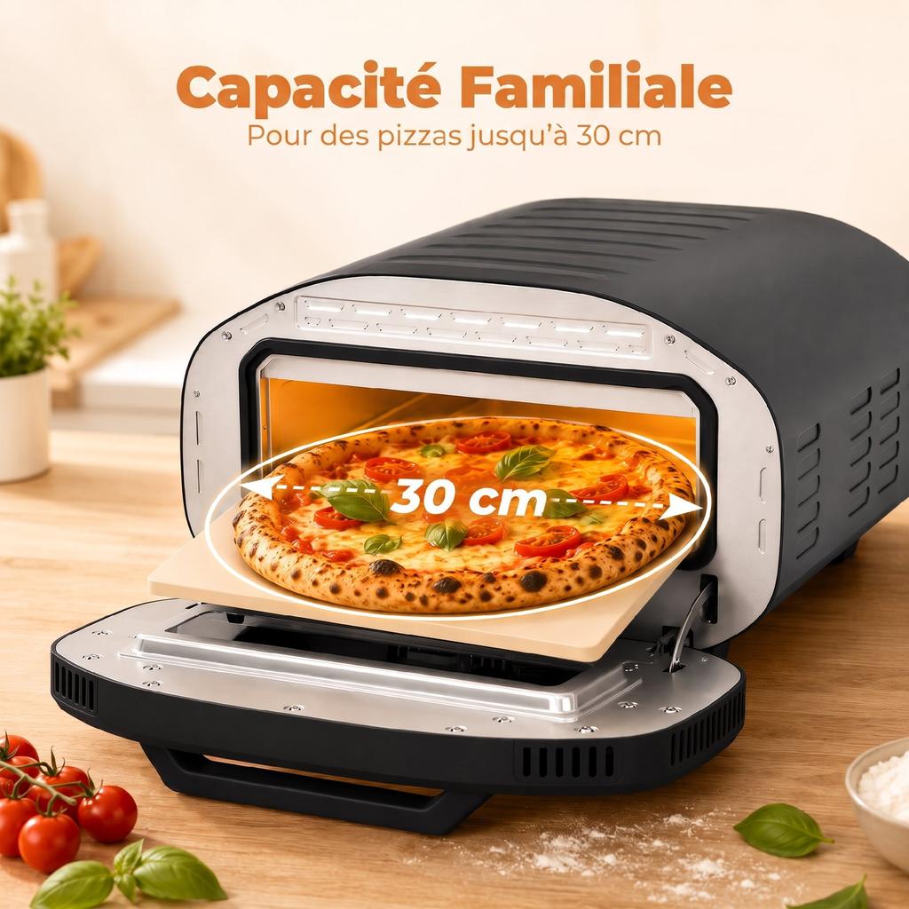Indoor Electric Pizza Oven, 2200 W, Up To 430C, Ceramic Stone 30.5 Cm Diameter, 60-Min Timer, Black