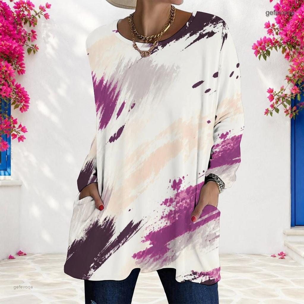 Women Plus Size Round Neck Long Sleeve Marble Printed Green Blue Gold Loose Tunic Top With Pockets