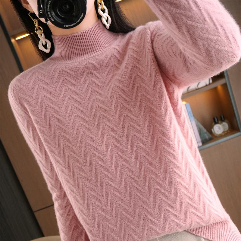TIFICY Women s Fashion Casual Fall Winter Solid Color Print Long Sleeve Half Turtleneck Tops Women s Clothing Woolen Knitwear Sweaters S розовый