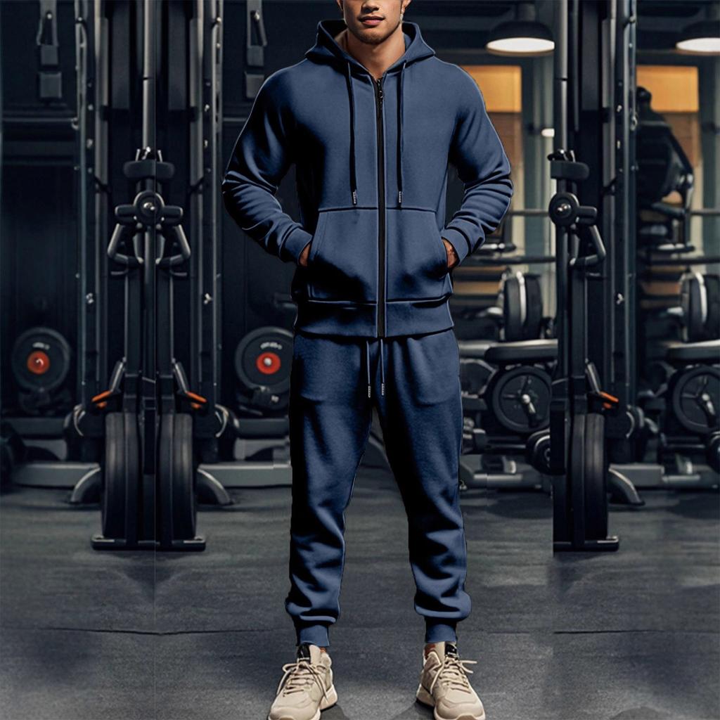 Men's Solid Color Long Sleeved Hooded Sports Casual Suit Fleece Warm Two Piece Suit