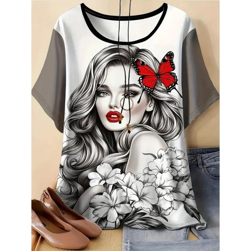 Fashion Women's Crew Neck Short Sleeve 3D Color Printed Portrait Short Sleeve Crew Neck T-Shirt