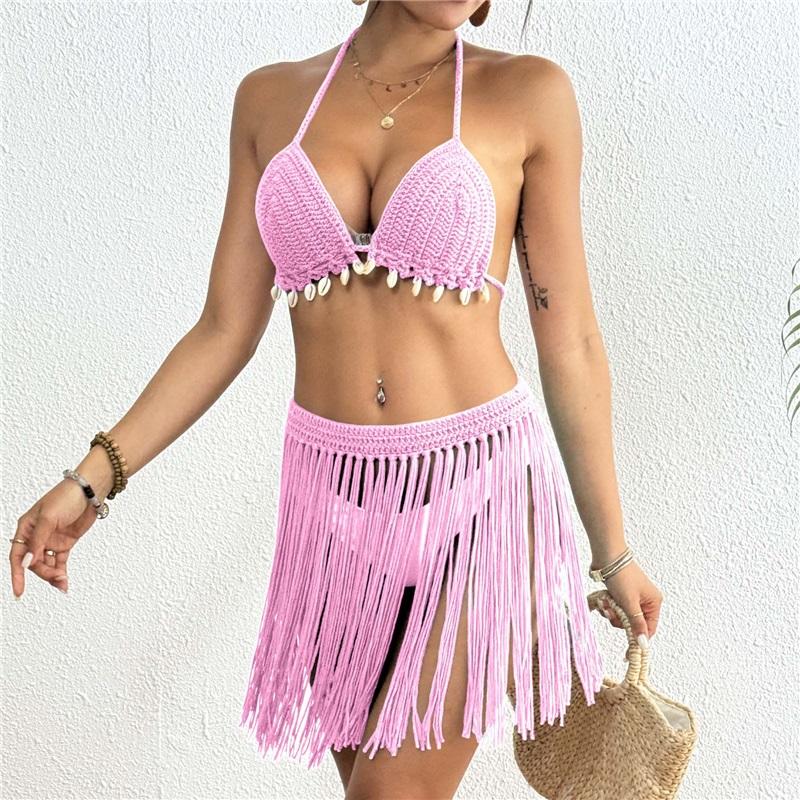 Womens Hand Crocheted Two Piece Bikini Set Shell Patchwork Tie Fringe Skirt Stylish Elegant Beachwear For Summer Vacation