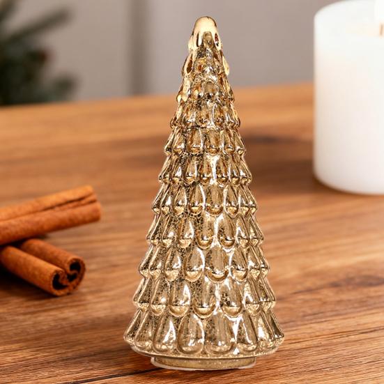 Illuminated Glass Christmas Tree Prelit Christmas Tree Figurine with LED Light Collection Crackled Glass