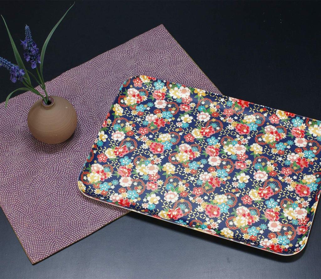 Tatsucraft Yuzen Washi Paper Tray, Large, 39cm, with Cherry Blossom and Peony Design, Dishwasher Safe, Stylish Plastic Tray, Deep, Square,