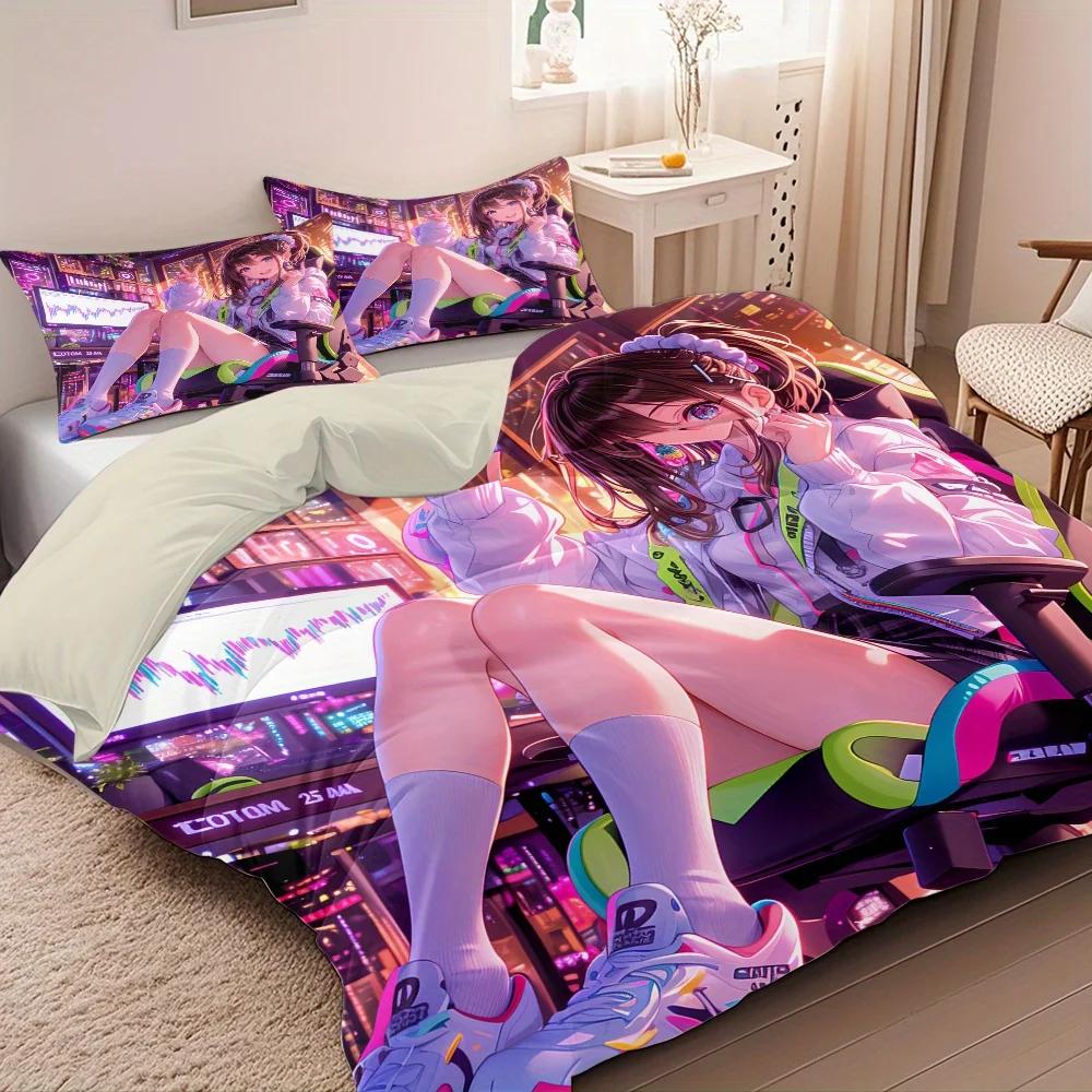 3pcs Anime Girl Printed Quilt Set- Includes 1 Quilt Cover and 2 Pillow Cover (without Filler)