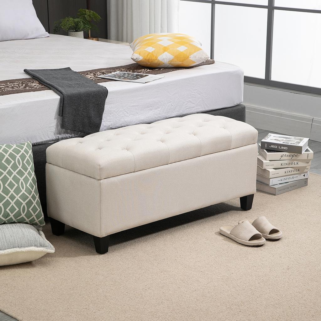 Panca con Spazio Contenitore, Panca Imbottita con Aspetto Lino, Pouf Contenitore con Gambe in Legno