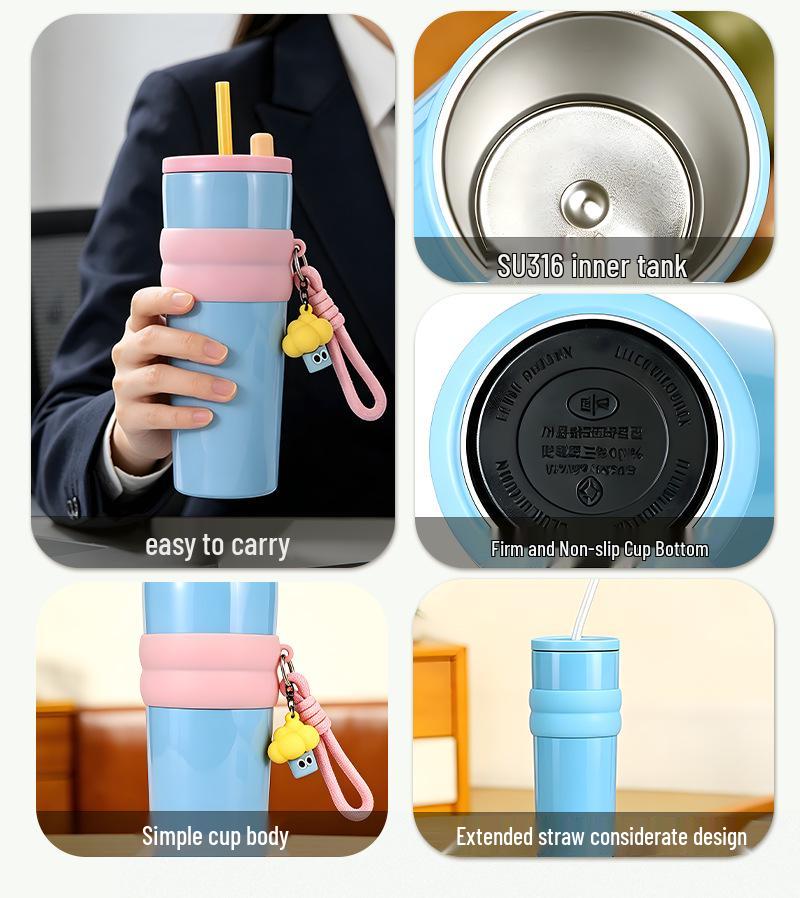 Car Ice Cooler Cup with Straw - 304 Stainless Steel Insulated, Large Capacity Household Water Cup  