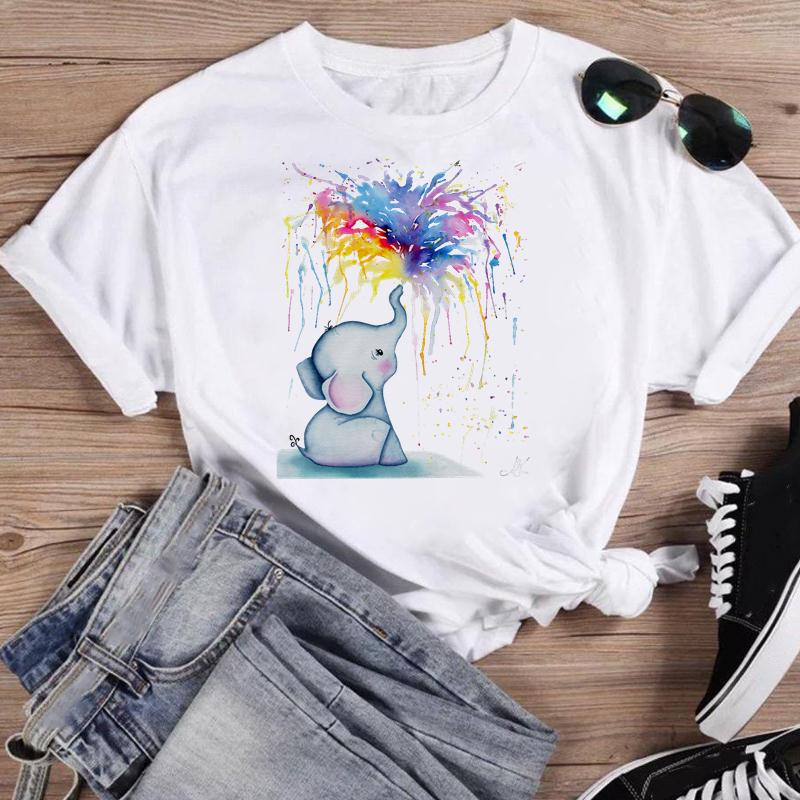 

Слон Сладкое Животное Тренд Симпатичная Одежда Лето Короткий Рукав Принт Дамы Графический Tee Женский T Top Повседневная Женская Модная футболка