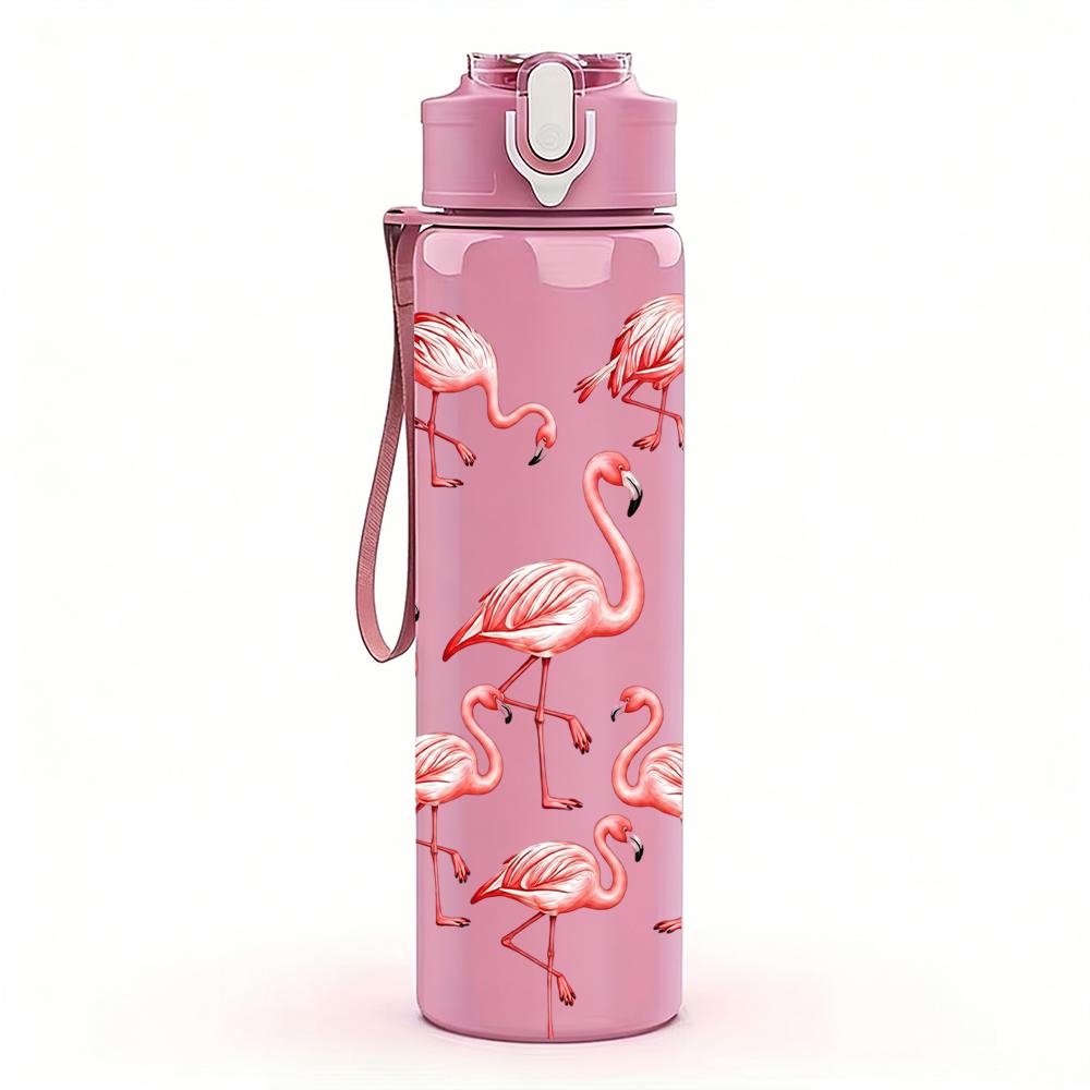 1 Stück Flamingo-Gruppe Herzform 750ml Farbe Kunststoff Sport-Wasserflasche Auslaufsicher Klappdeckel mit Strohhalm Geeignet für Sport, Büro, Heimgebrauch
