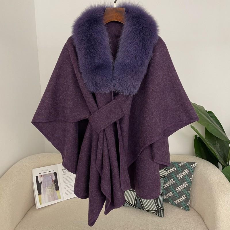 Womens Winter Wool Blend Cape Shawl Cardigan With Faux Fur Collar Loose Fit Oversized Knit Coat