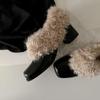 Retro Square Head Leather Single Shoes Women's One-pedal Velvet Warm Cotton Shoes Fluffy Temperament High-heeled Women's Shoes