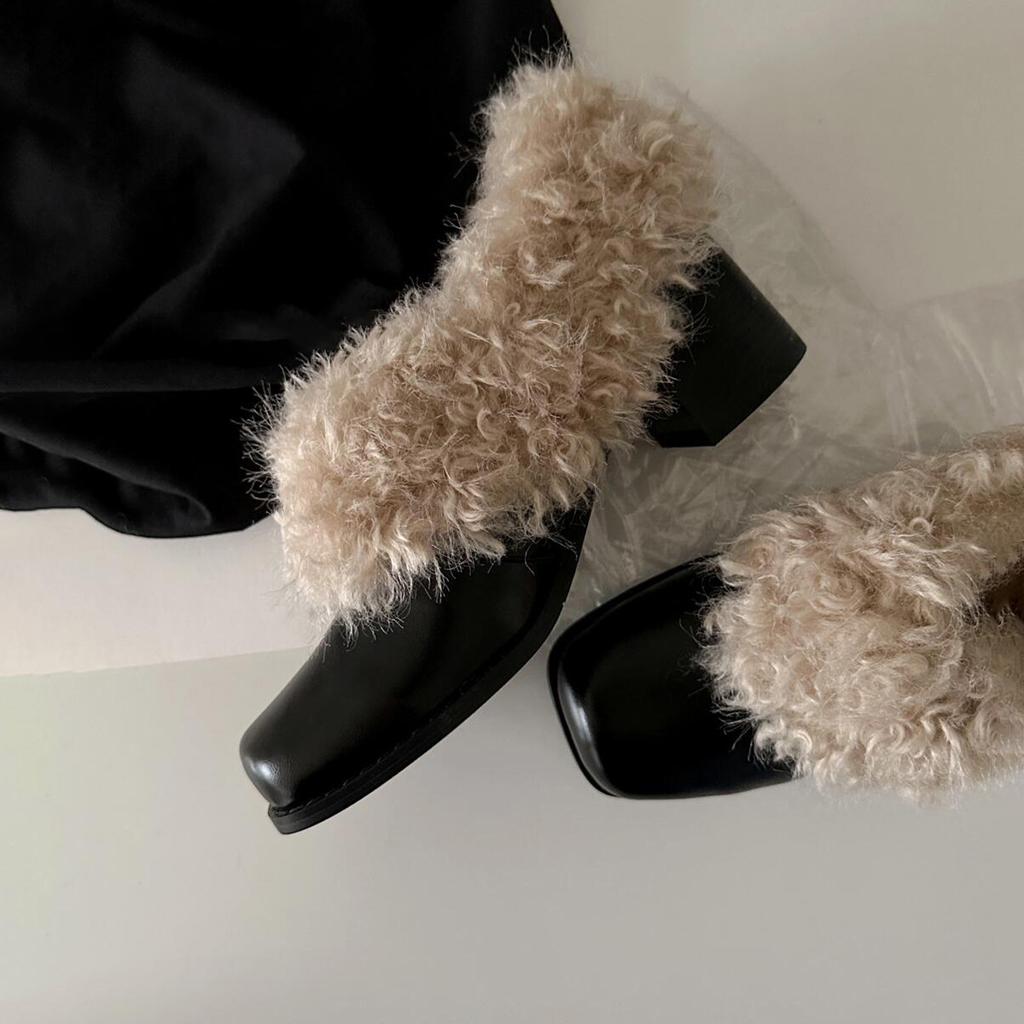 Retro Square Head Leather Single Shoes Women's One-pedal Velvet Warm Cotton Shoes Fluffy Temperament High-heeled Women's Shoes