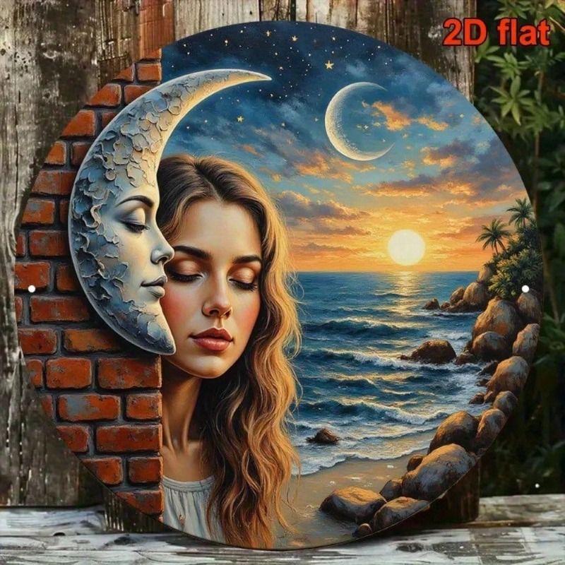 Vintage Ocean Sunset Metal Poster 8x10, Retro Sea Landscape Woman Wall Art for Living Room