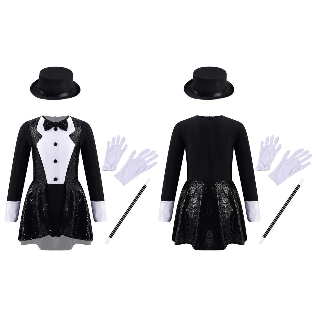 Girls Magician Costume Set Long Sleeve Bow Tie Back Zipper Sequin Leotard Hat Magic Wand Gloves