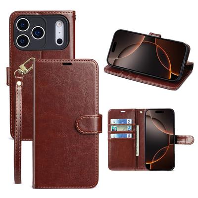 Flip Leather Wrist Strap Phone Case for IPhone Air 17 Pro 16 15 14 13 Pro Max Wallet Card Slots Holder Protective Cover