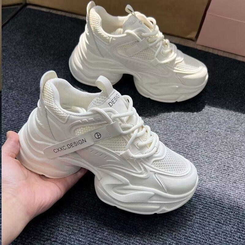 JDNVH Platform Dad Shoes Women's Inner Height Increase 2025 New Spring Mesh Breathable Women's Shoes Little White Sports Shoes Women