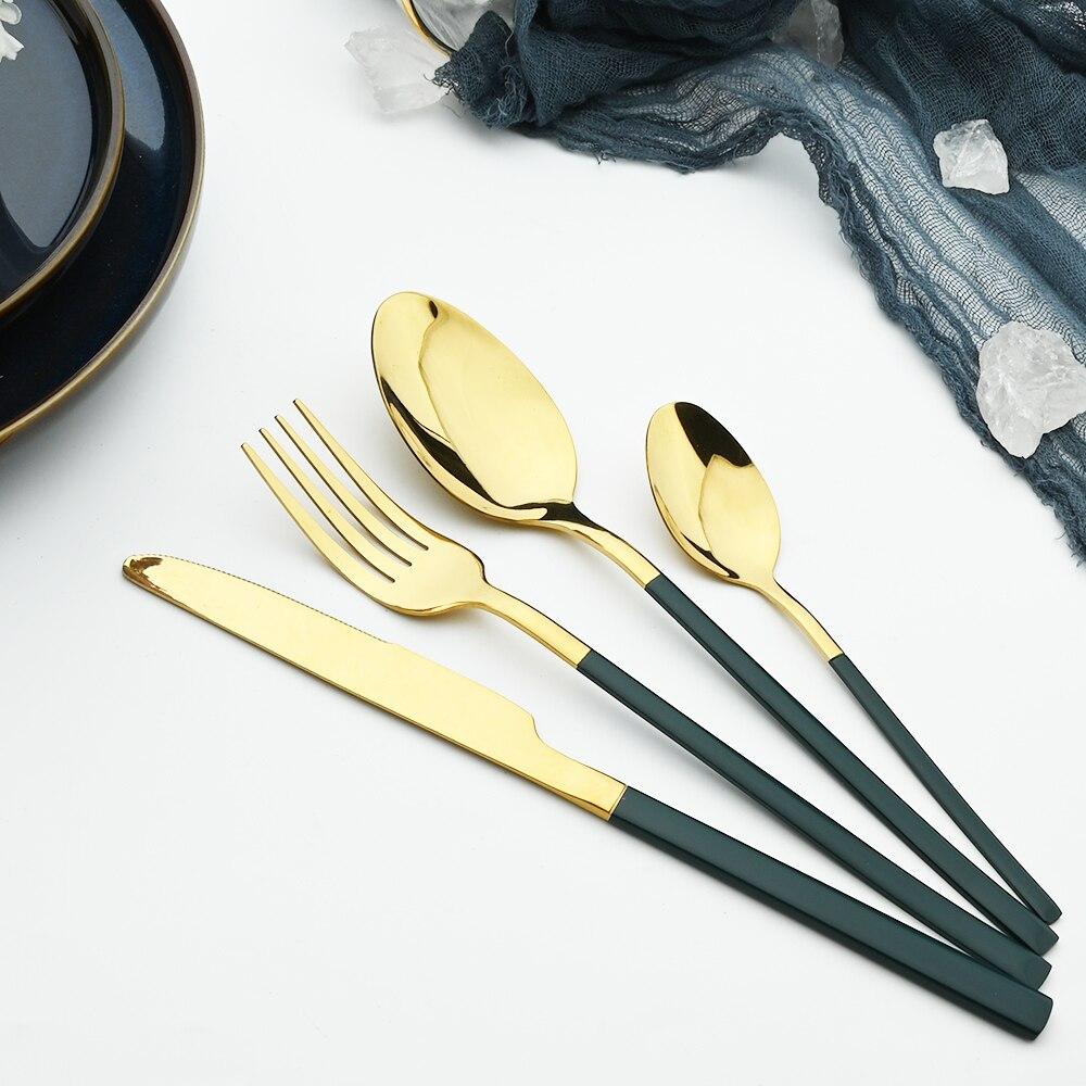 32Pcs Black Gold Cutlery Set Knife Forks Coffee Spoons Dinnerware Set Stainless Steel Tableware Western Kitchen Silverware Set