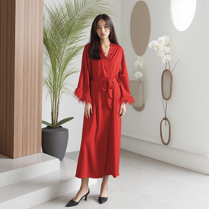 Elegantes Satin-Seiden-Pyjama-Set für Damen: Sommer-Feder-Bademantel, Langarm-Oberteil, Camisole & Hose - 1019