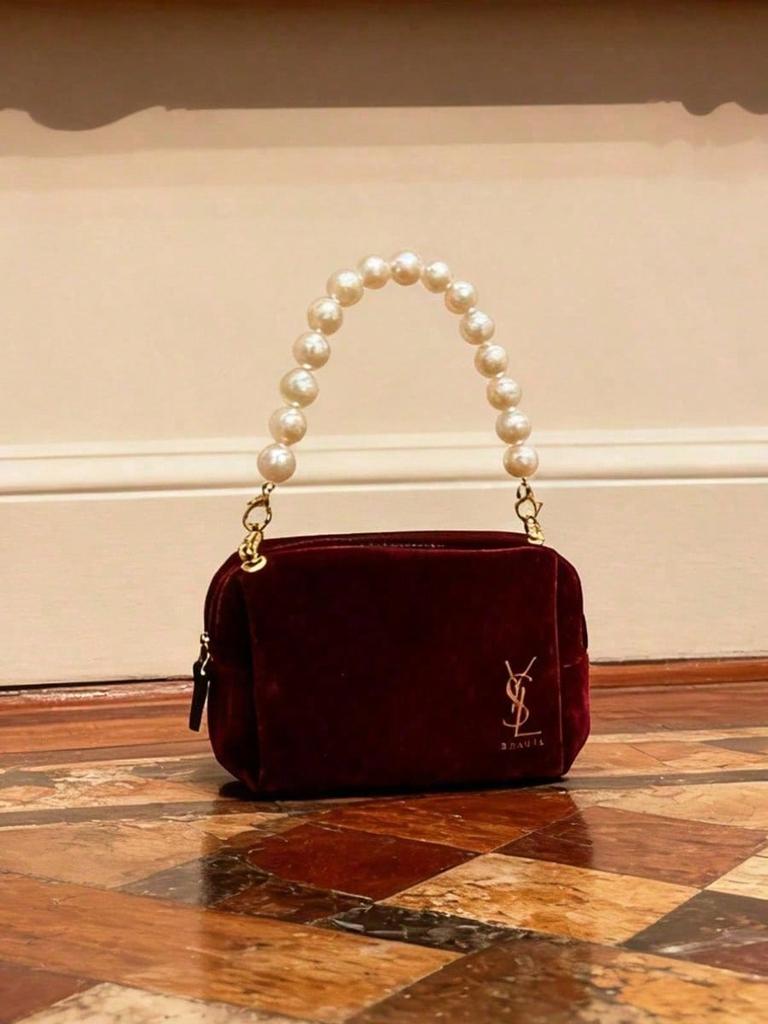 YSL Red Velvet Cosmetic Bag, Handcrafted Into a Pearl Chain Handbag, a Stylish Casual Bag