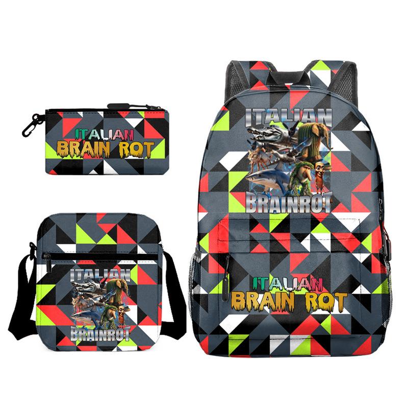 Abstract Foreign Shanhaijing Schoolbag Tongtongsahur Cartoon Primary School Student Backpack Three-piece Set D