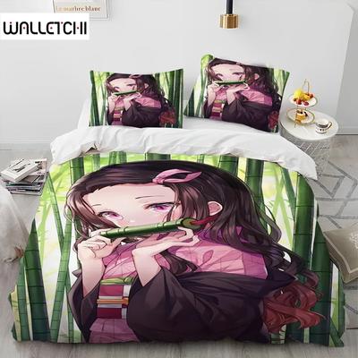 Conjunto de cama de anime 3 peças, conjunto de cama demon slayer, capa de edredom estampada, conjunto de cama confortável, respirável, lençol de luxo, algodão, roupa de cama