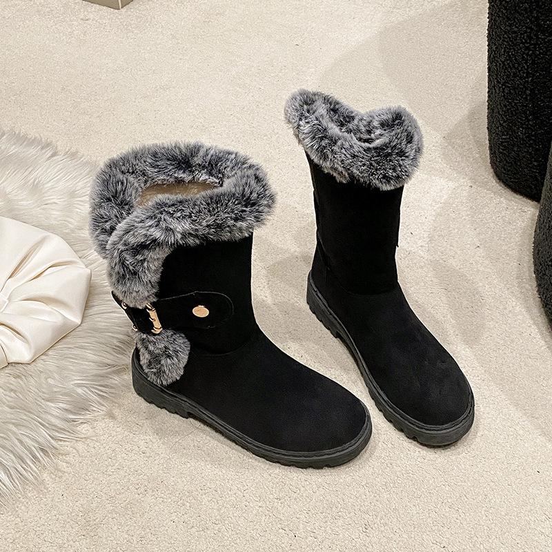 Winter snow boots women's thick-soled solid color plush plush decorative medium tube casual boots fashionable warm women's boots