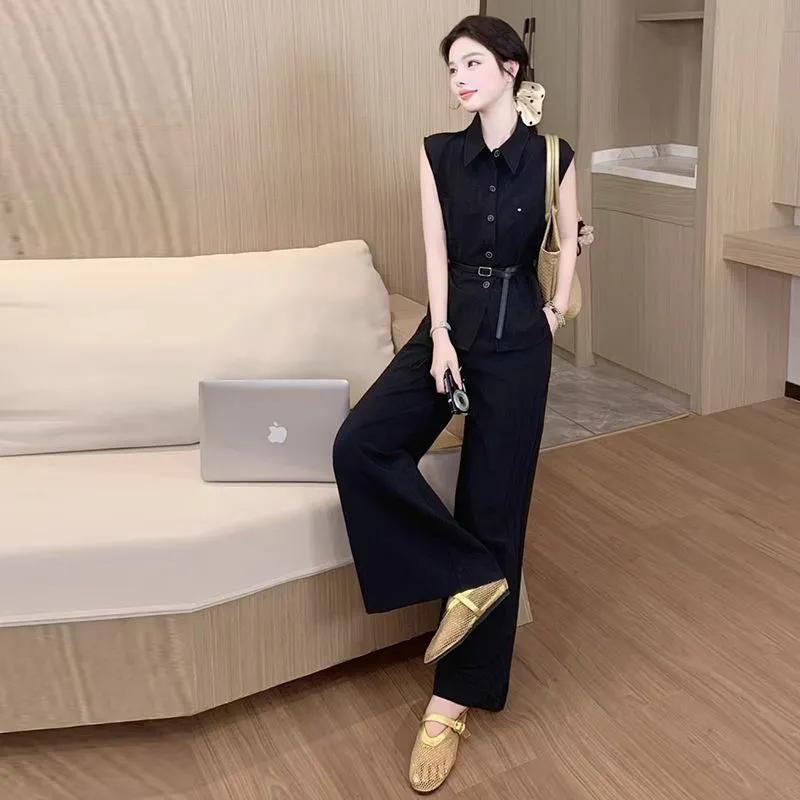 Women Summer Sleeveless Shirt Wide Leg Pants Two Piece Set White