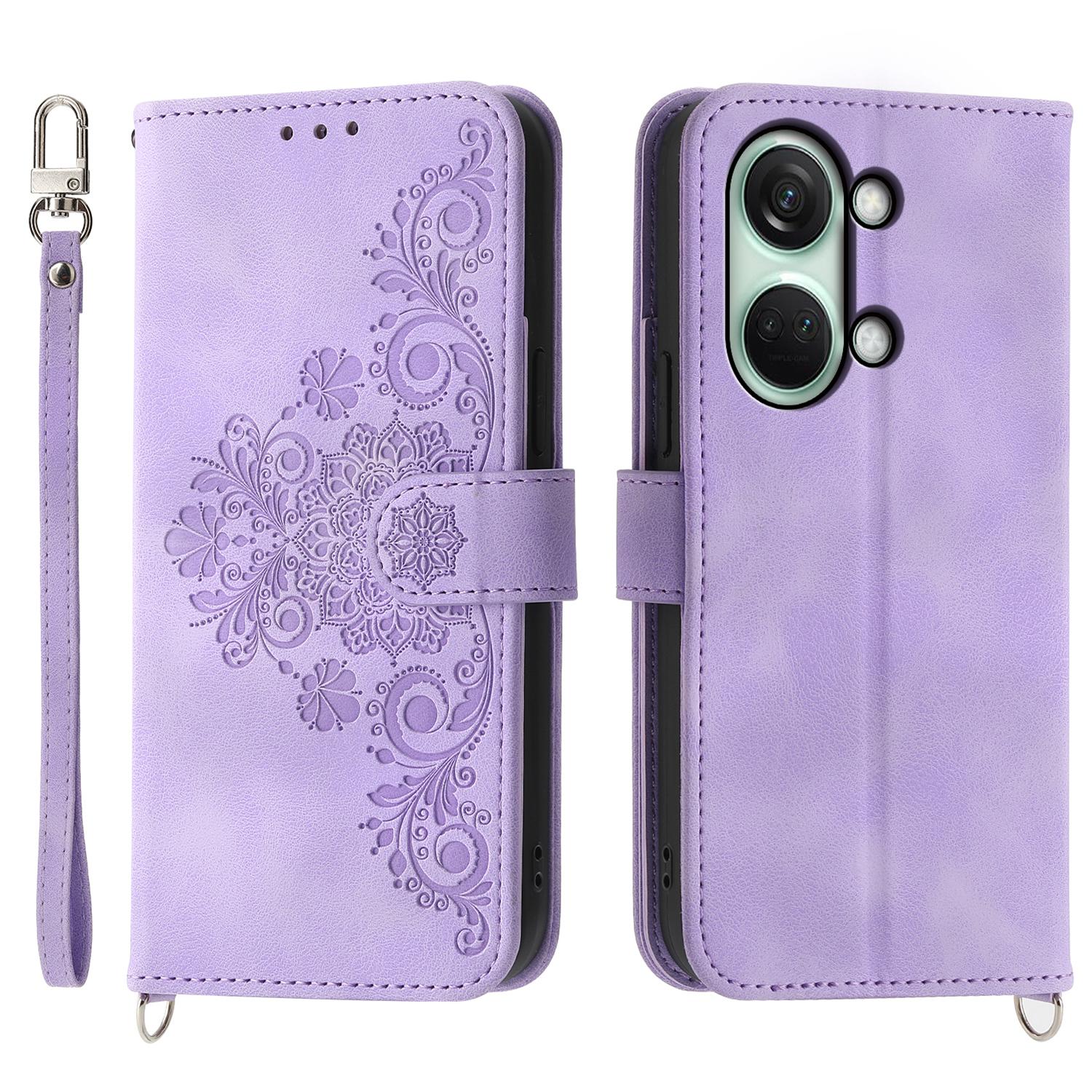 

Stand Phone Case for OnePlus Nord 3 5G/Ace 2V Imprinted Flower Wallet Leather Folio Flip Cover with Wrist Strap+Shoulder Strap Light Purple