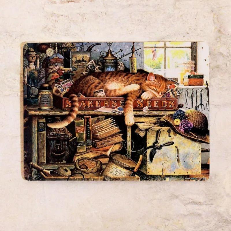 Cats by the Fireplace Metal Sign 20x30cm, Vintage Cozy Wall Art Decor