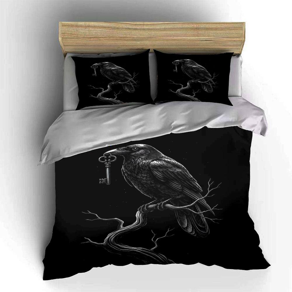 Raven with Key Gothic Art Bedding Duvet Cover Set  (1*Duvet Cover 2*Pillowcases, without duvet insert)