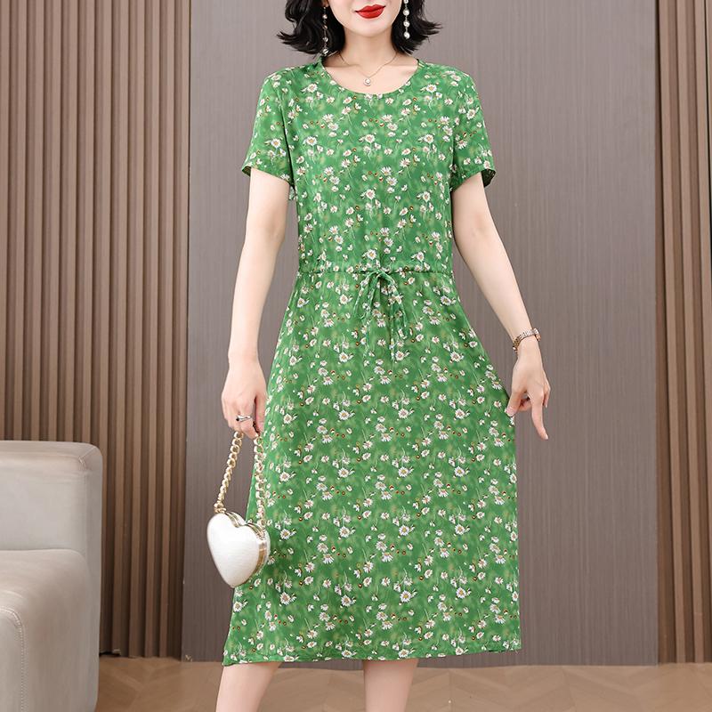 Letnia kobieta elegancka sukienka nowa dorywczo z krótkim rękawem ubrania w stylu koreańskim damska długa sukienka z nadrukiem w stylu vintage