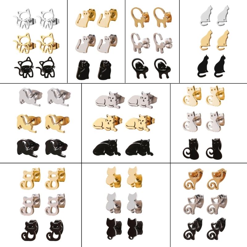 Cute Animal Stud Earrings for Women Girls 3 Pairs Cat Ear Studs Adornment Trendy Ear Hooks Charm Ornament Jewelry Gift