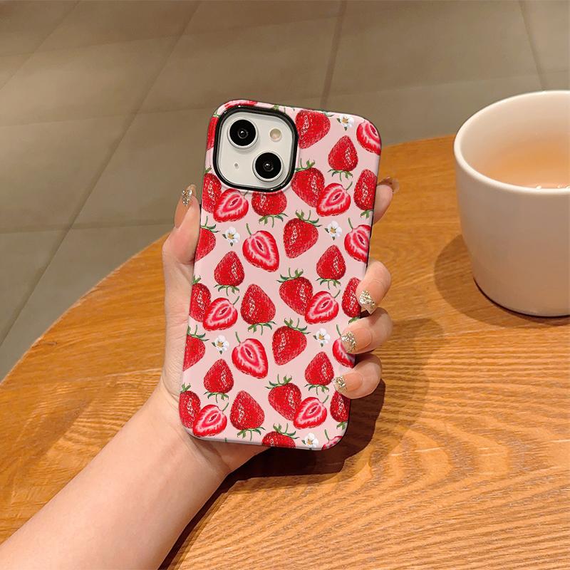 Pink Base Fresh Strawberry Tiny Flower Print Soft Silicone Phone Case Cute Girly Fruit Aesthetic Shockproof Protective Cover For All Iphone Models
