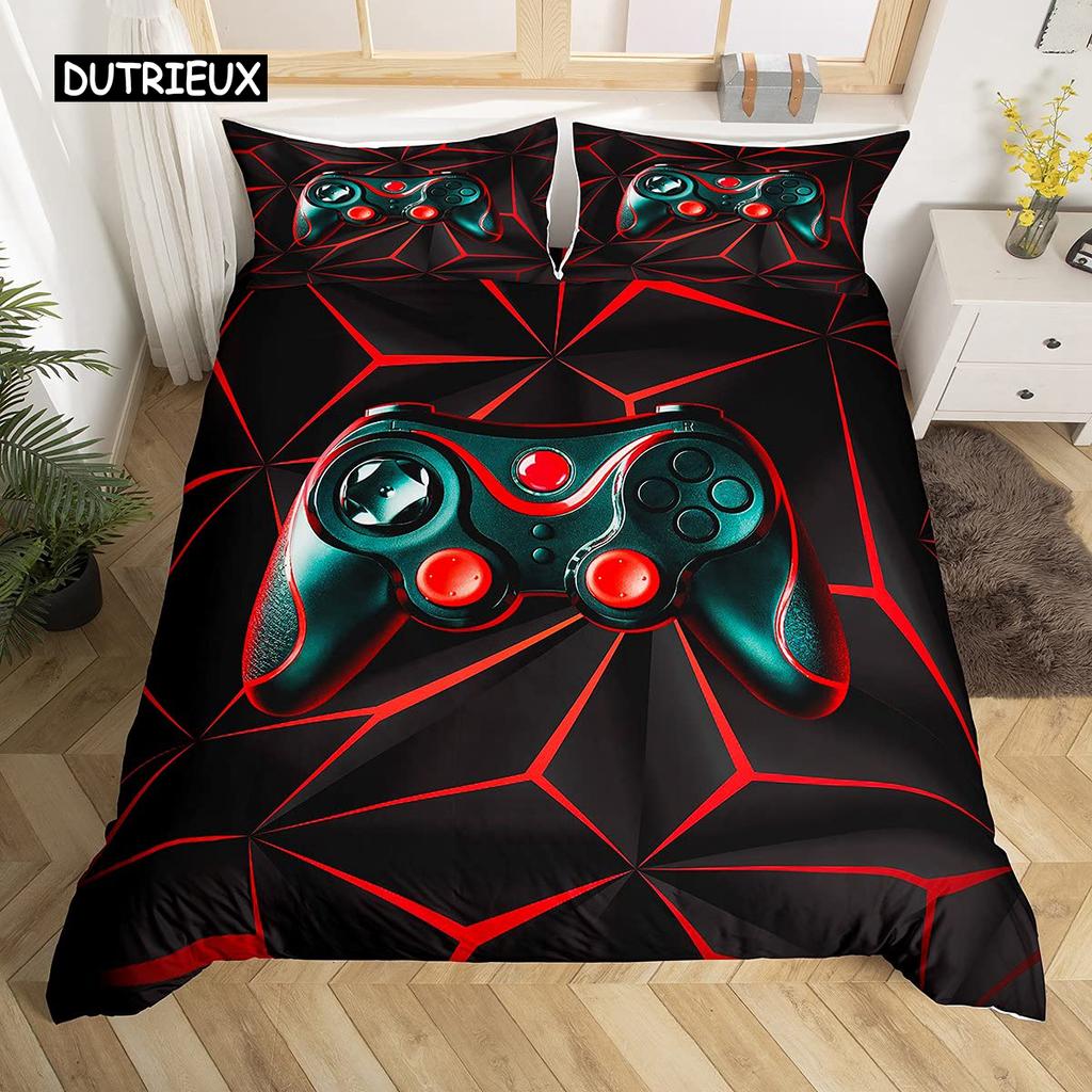 Gamepad Duvet Cover Set Queen Video Game Twin Bedding Set Microfiber Green Cartoon Gamer Pattern Electronic Theme Quilt Cover