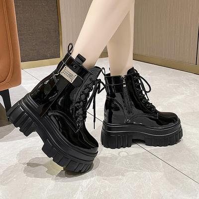 Fashion 10CM Soft Leather Ankle Mid Calf Boots Winter Autumn High Platform Wedge British Booties Woman Ladies Chunky Motorcycle Boots