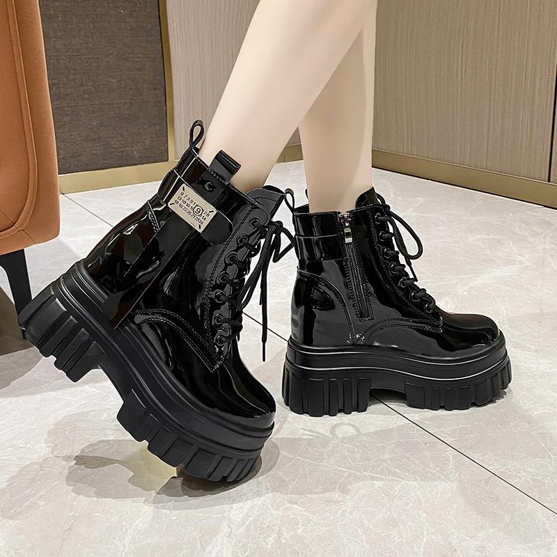 10CM Soft Leather Ankle Mid Calf Boots Winter Autumn High Platform Wedge British Booties Woman Ladies Chunky Motorcycle Boots