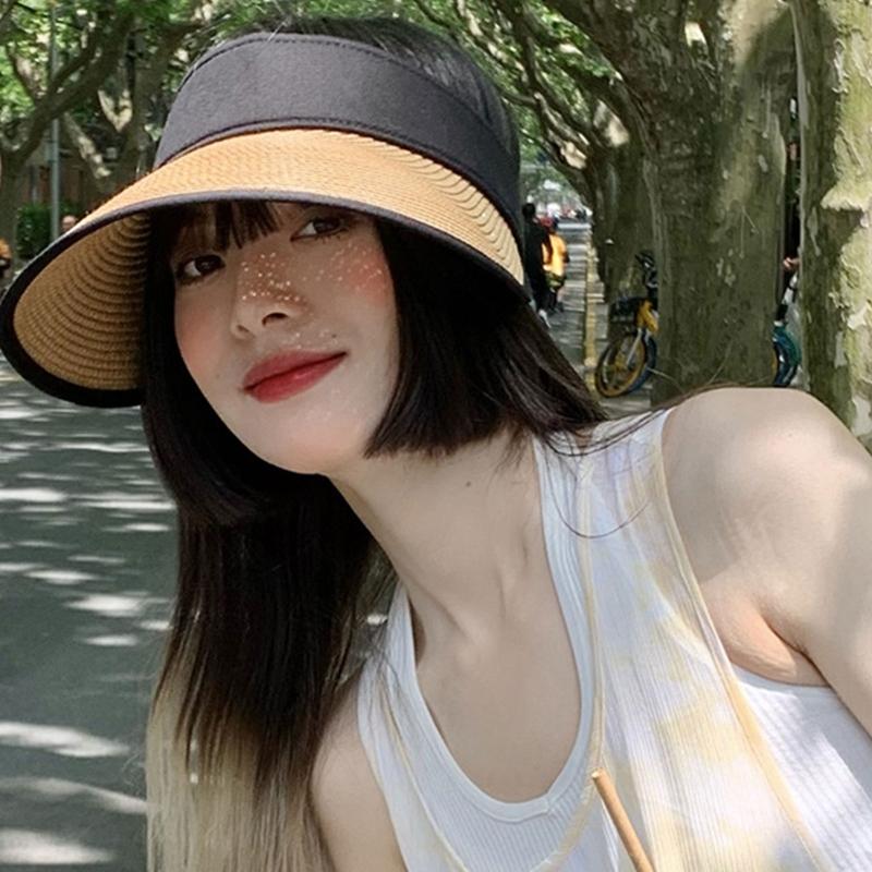 Mode Leerer Zylinder Sommer Strohhut Breite Krempe Strand Sonnenschutzhut Pferdeschwanz Kappe für Outdoor-Aktivitäten Camping Laufen